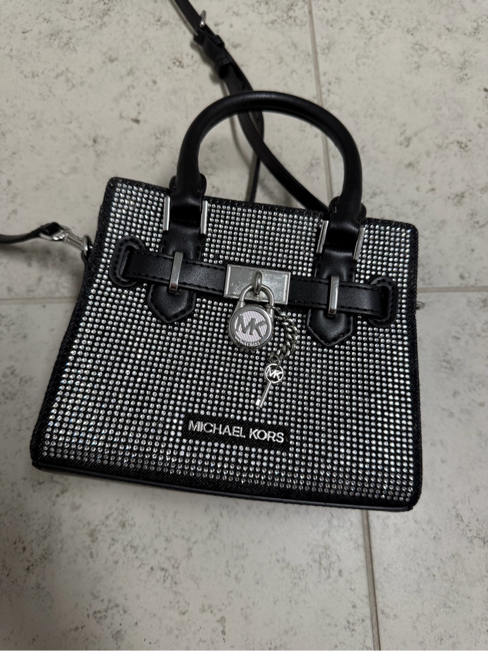 Michael Kors Black Satchel with Silver Crystal Embellishment Casual Party